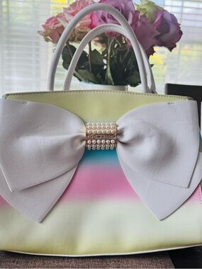 Betsey Johnson Pearl of a Girl Bow Handbag in Pastel Rainbow Gradient